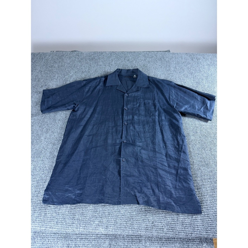 Godbody Mens XL Navy Blue‎ 100% Linen Short Sleeve Button Down Camp Shirt Pocket